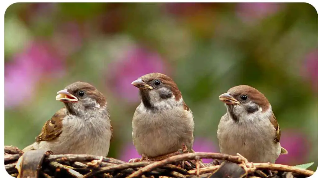 three sparrows sitting on top of a nest