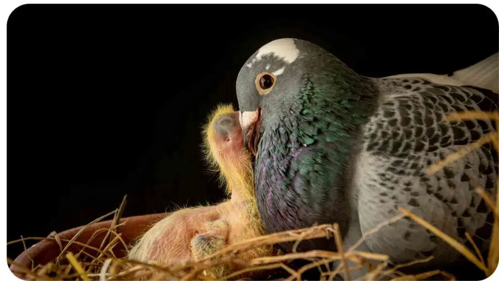 pigeon with baby in nest on black background