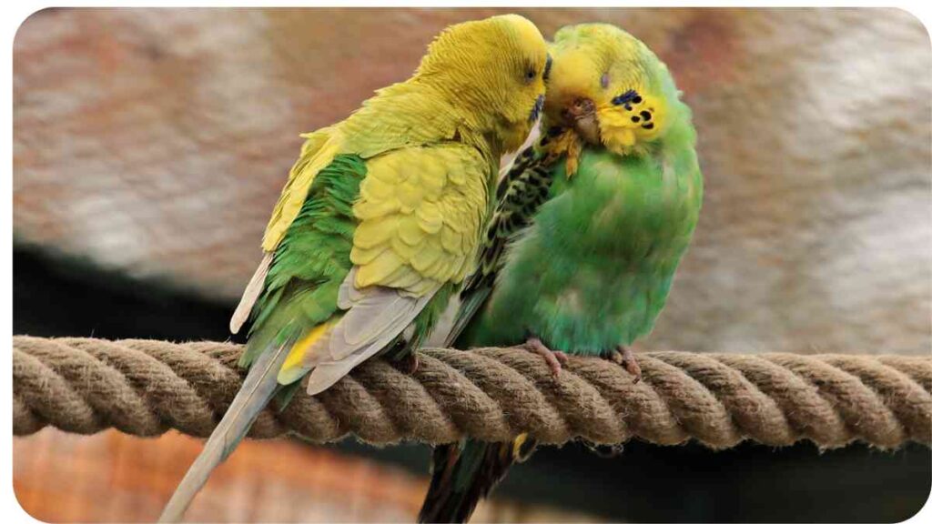 a couple of green and yellow birds sitting on a rope